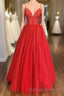 Spaghetti Straps A-line Red Shiny Prom Gown,Long Prom Dresses