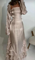 Spaghetti Straps A-Line Ruffled Long Prom Dress