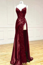Black Fashion Classy V-Neck Exquisite Lace Spaghetti Straps Side Slits Long Satin Prom Dresses Prom Dresses Prom Dresses