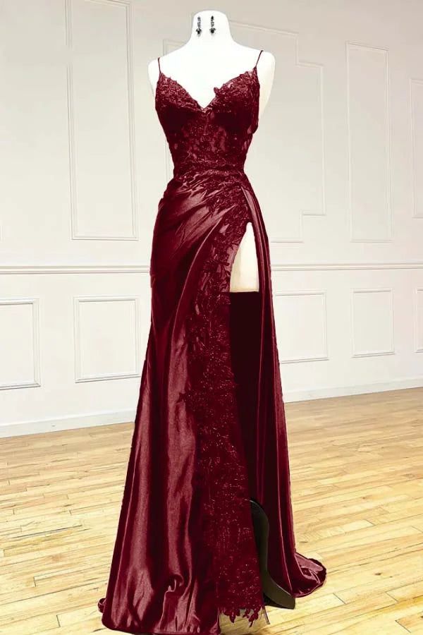 Black Fashion Classy V-Neck Exquisite Lace Spaghetti Straps Side Slits Long Satin Prom Dresses Prom Dresses Prom Dresses