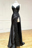 Black Fashion Classy Sexy V-Neck Exquisite Lace Spaghetti Straps Side Slits Long Satin Prom Dress Evening Dress Party Dress