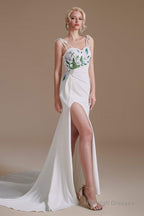 Spaghetti Straps Appliques Sweep Train High Split Prom Dresses