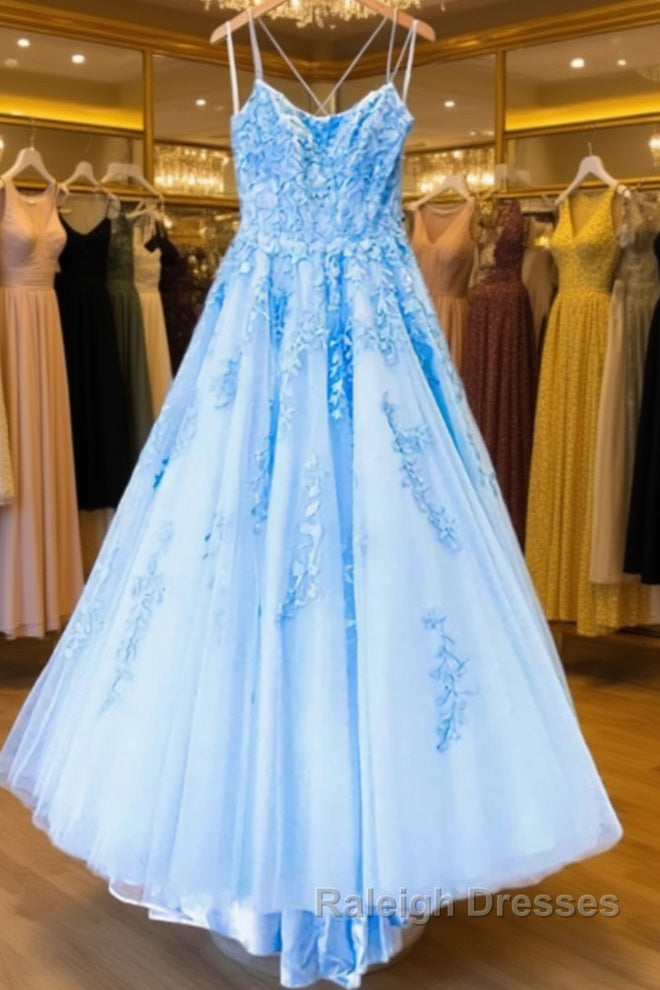 Spaghetti Straps Backless Blue Lace Prom Dresses, Open Back Blue Lace Formal Evening Dresses Main image