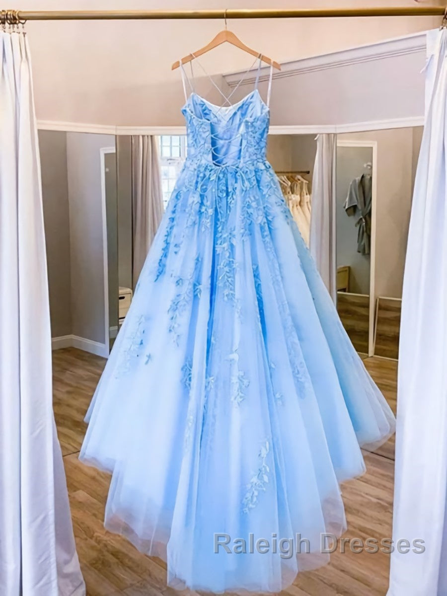 Spaghetti Straps Backless Blue Lace Prom Dress Open Back Blue Lace Prom Dress