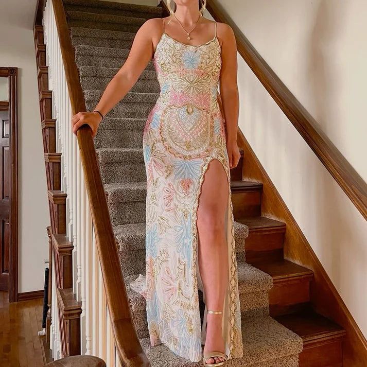 White Gorgeous Shiny Exquisite Beaded Spaghetti Strap Sequined Backless Long Chiffon Ball Gowns Prom Dresses Prom Gowns Holiday Prom Dresses