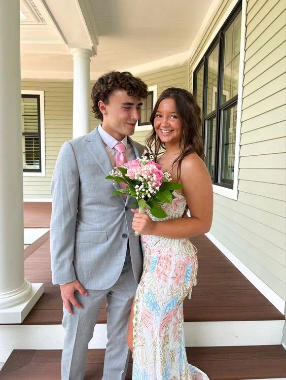 White Gorgeous Shiny Exquisite Beaded Spaghetti Strap Sequined Backless Long Chiffon Ball Gowns Prom Dresses Prom Gowns Holiday Prom Dresses