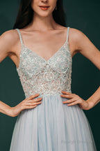 Spaghetti Straps Beading Front Split Long Sky Blue Prom Dresses