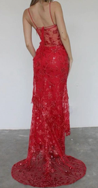 Spaghetti Straps Birthday Prom Dress Red Lace Prom Dress