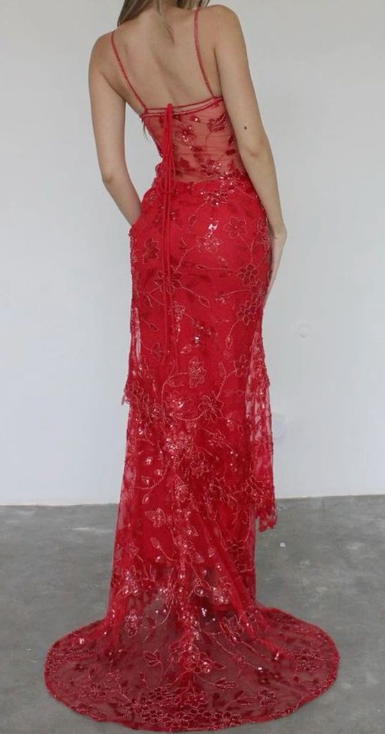 Spaghetti Straps Birthday Prom Dress Red Lace Prom Dress