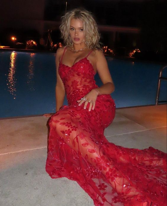 Spaghetti Straps Birthday Prom Dress Red Lace Prom Dress