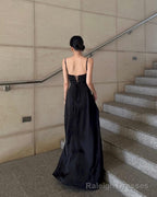 Spaghetti Straps Black A Line Long Prom Dresses Back Open