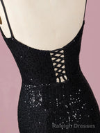 Spaghetti Straps Black Sequin Prom Dress Mermaid Skirt