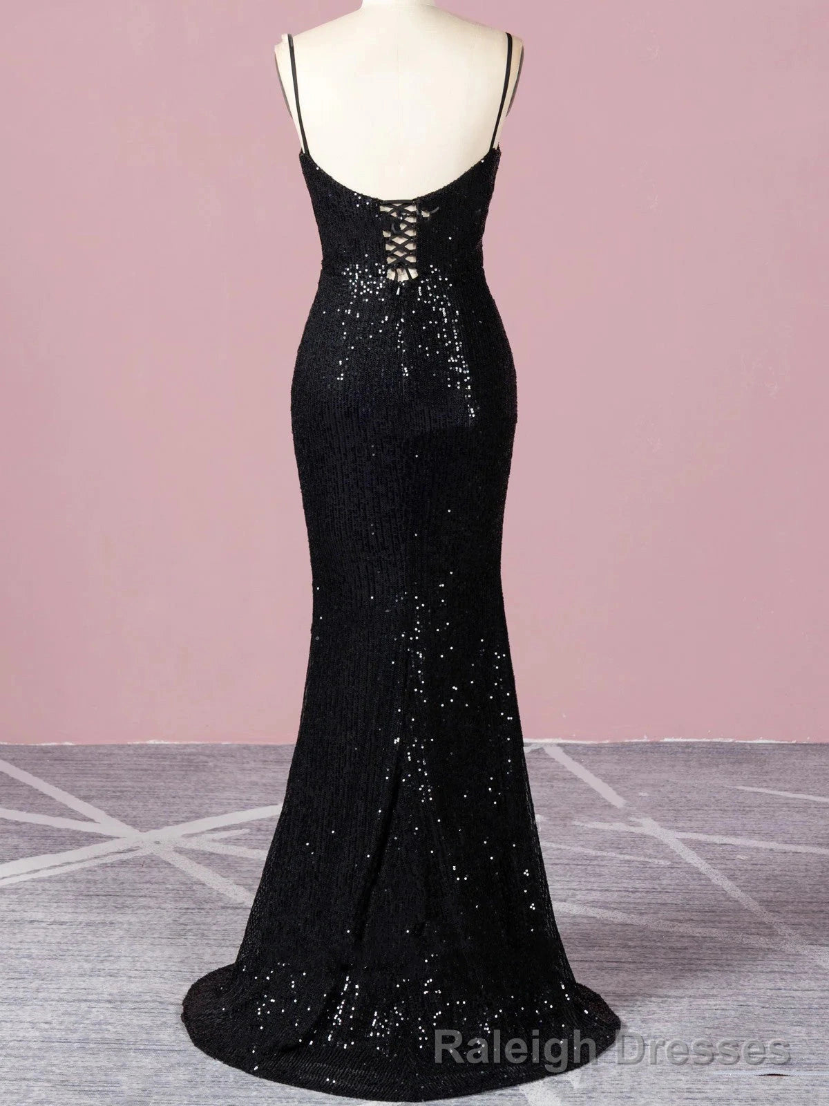 Spaghetti Straps Black Sequin Prom Dress Mermaid Skirt