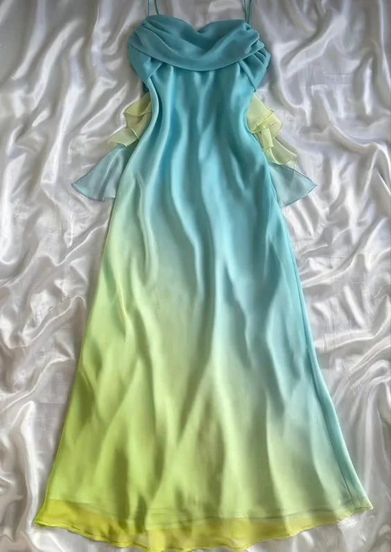 Blue/Orange Fashion Gradient Elegant Spaghetti Strap Long Chiffon Prom Dress Evening Dress Party Dress