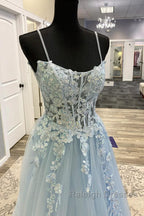 Spaghetti Straps Blue Lace Prom Dresses, Blue Lace Long Formal Evening Dresses
