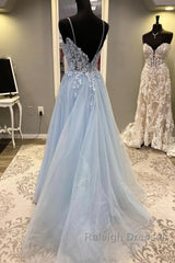Spaghetti Straps Blue Lace Prom Dresses, Blue Lace Long Formal Evening Dresses