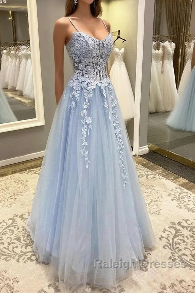 Spaghetti Straps Blue Lace Prom Dresses, Blue Lace Long Formal Evening Dresses Main image