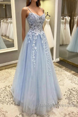 Spaghetti Straps Blue Lace Prom Dresses, Blue Lace Long Formal Evening Dresses