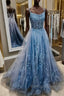 Spaghetti Straps Blue Lace Prom Dresses, Blue Lace Long Formal Graduation Dresses