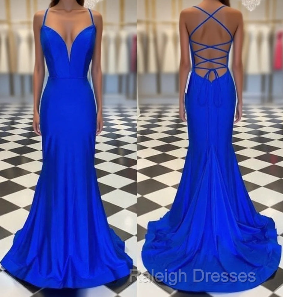 Spaghetti Straps Blue Satin Mermaid Prom Dress Main image