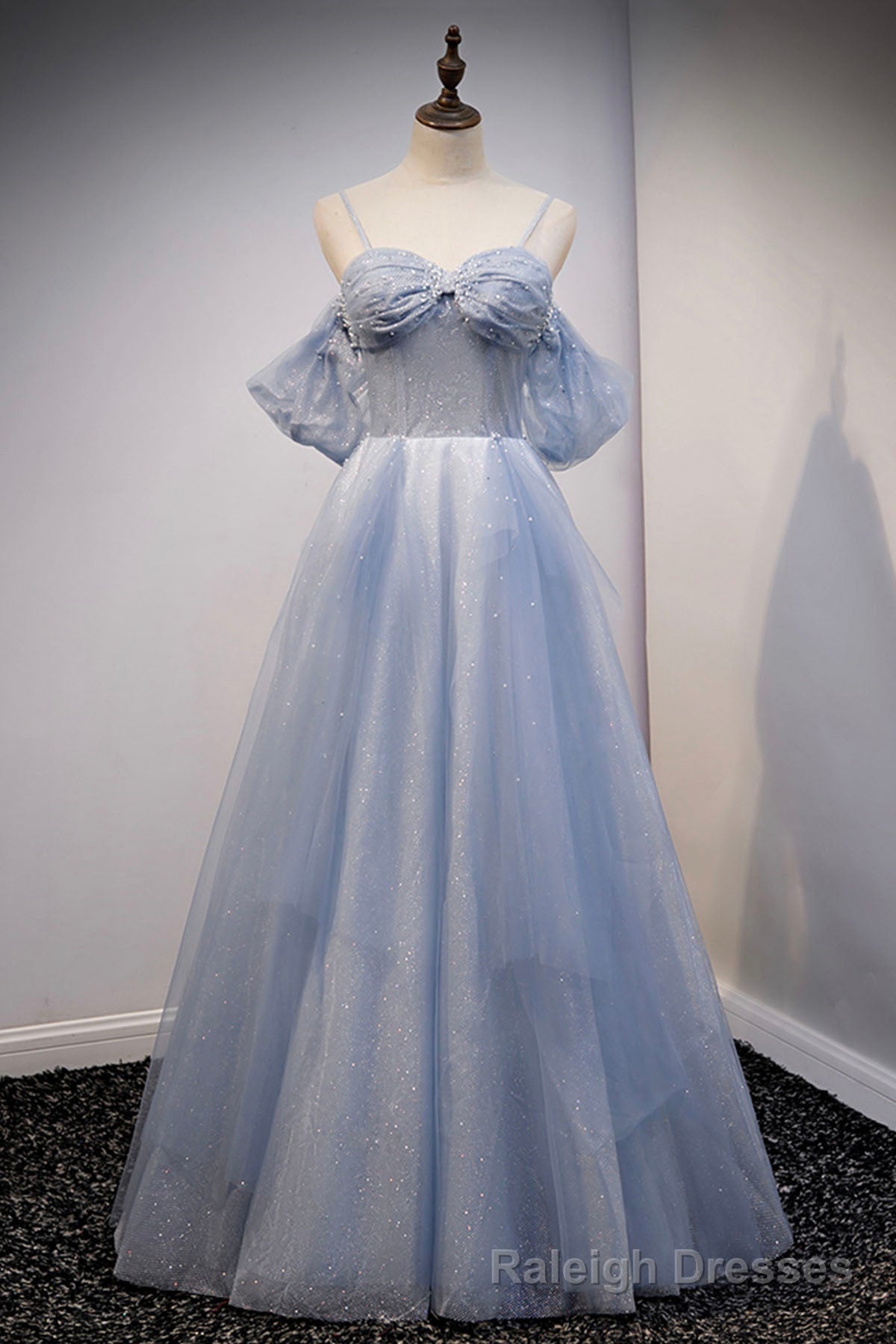 Spaghetti Straps Blue Tulle Long Prom Dress, Off the Shoulder Evening Dress Main image