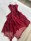 Burgundy Red Applique Spaghetti Straps Elegant And Charming A-Line Long Ruffled Chiffon Ball Gown Evening Dress Party Dress