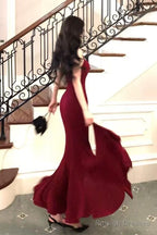 Spaghetti Straps Burgundy Mermaid Long Prom Dress
