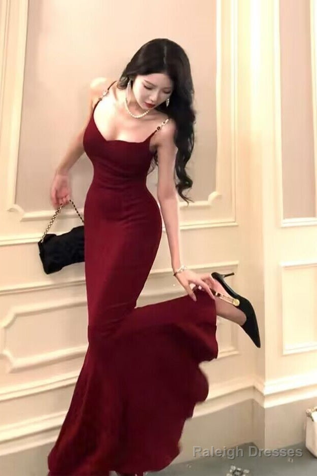 Spaghetti Straps Burgundy Mermaid Long Prom Dresses