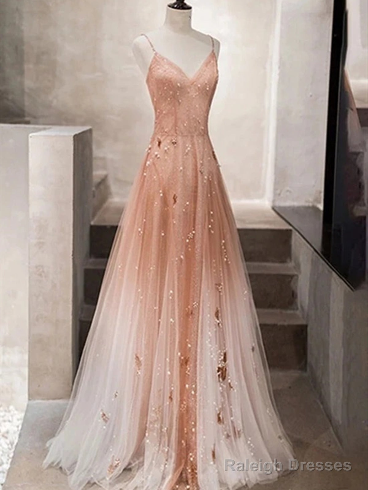 Spaghetti Straps Champagne Tulle Long Beaded Prom Dresses, A Line V Neck Champagne Formal Evening Dresses