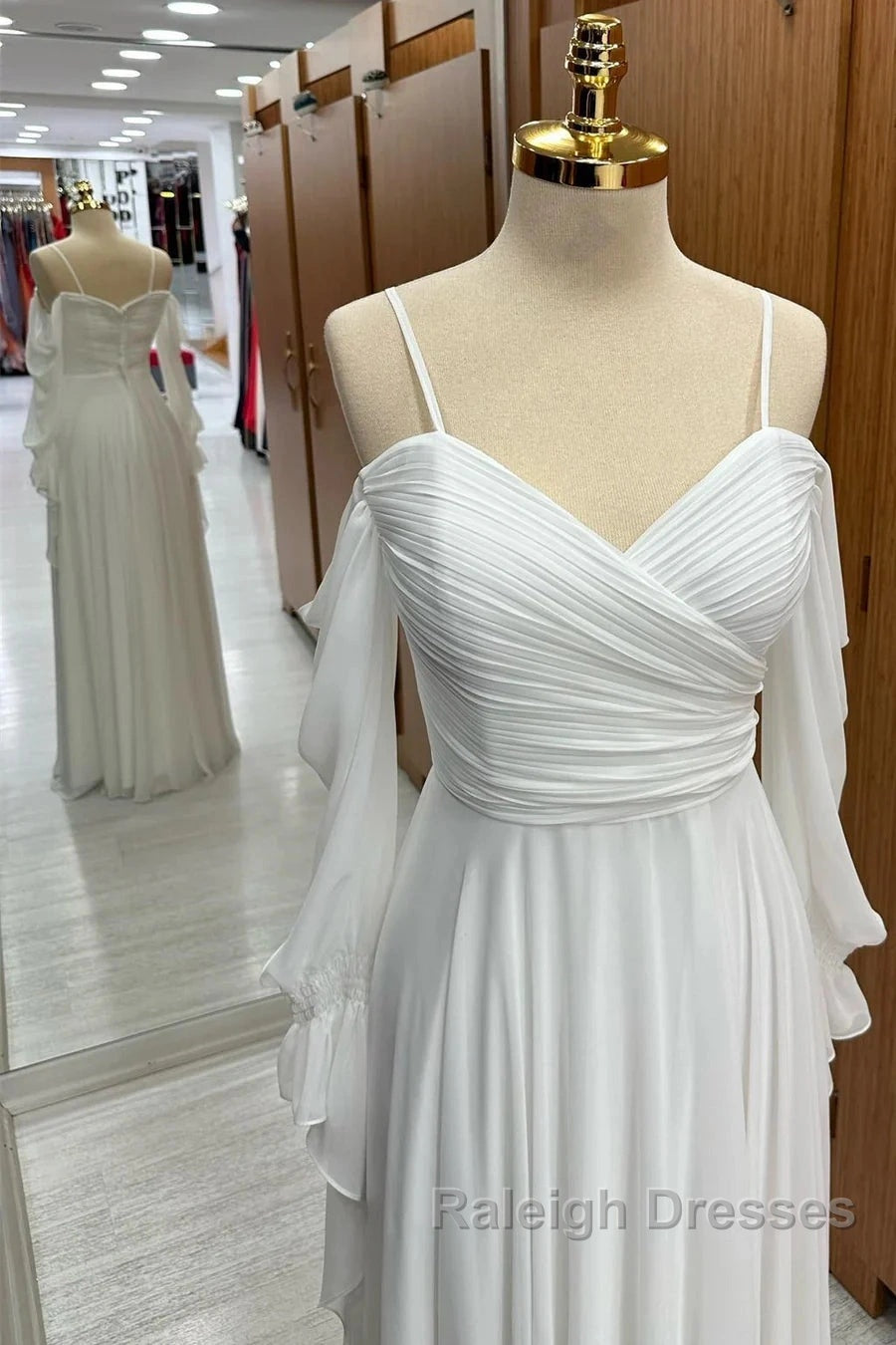 Spaghetti Straps Cold-Shoulder Floor Length Chiffon Bridesmaid Dress