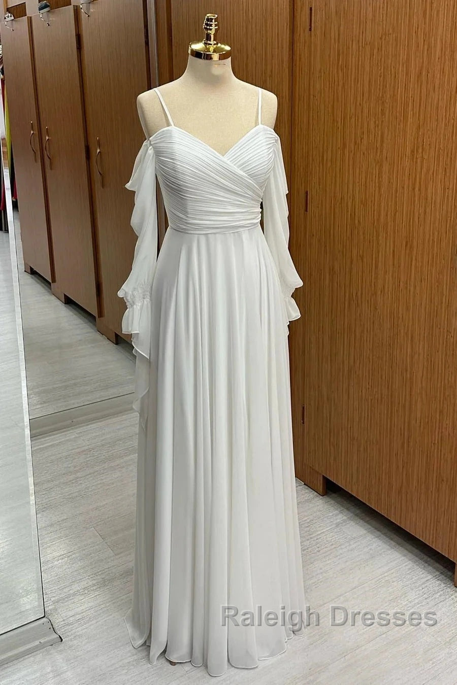 Spaghetti Straps Cold-Shoulder Floor Length Chiffon Bridesmaid Dress