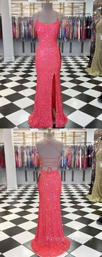 Spaghetti Straps Coral Pink Sequin Mermaid Prom Dress With Slit