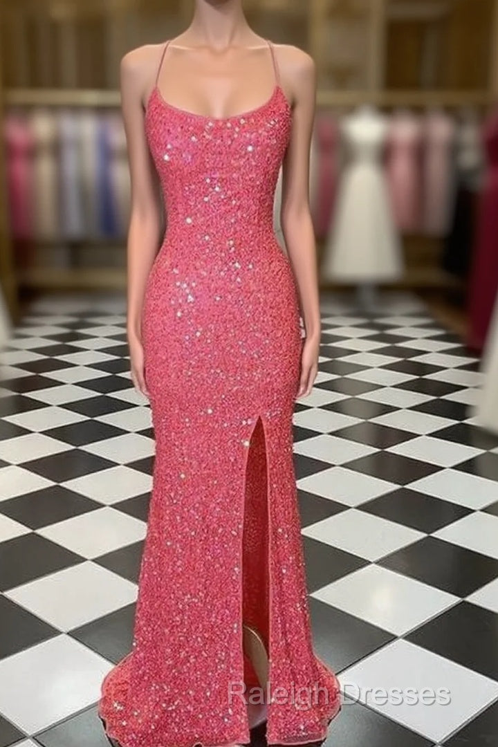 Spaghetti Straps Coral Pink Sequin Mermaid Prom Dress With Slit Main image