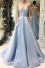 Spaghetti Straps Cross Back Floor-Length Stain Prom Dresses With Beading