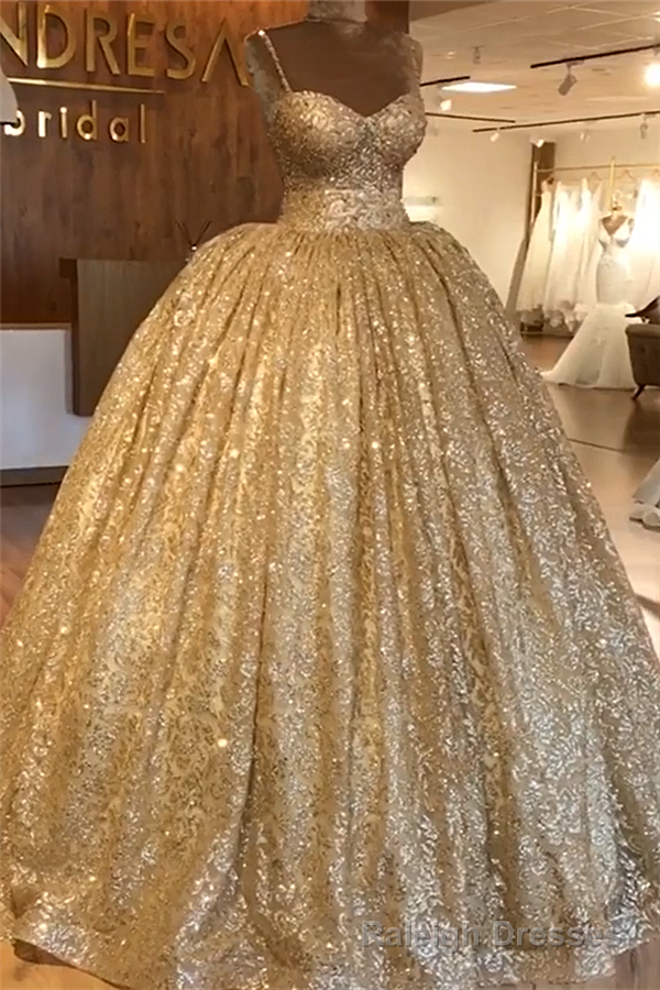 Charming A Line Spaghetti Straps Golden Long Ball Dress with Beading
