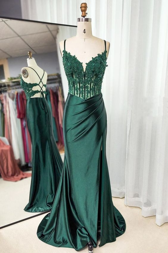 Spaghetti Straps Green Mermaid Prom Dresses With Slit Satin Prom Dresses