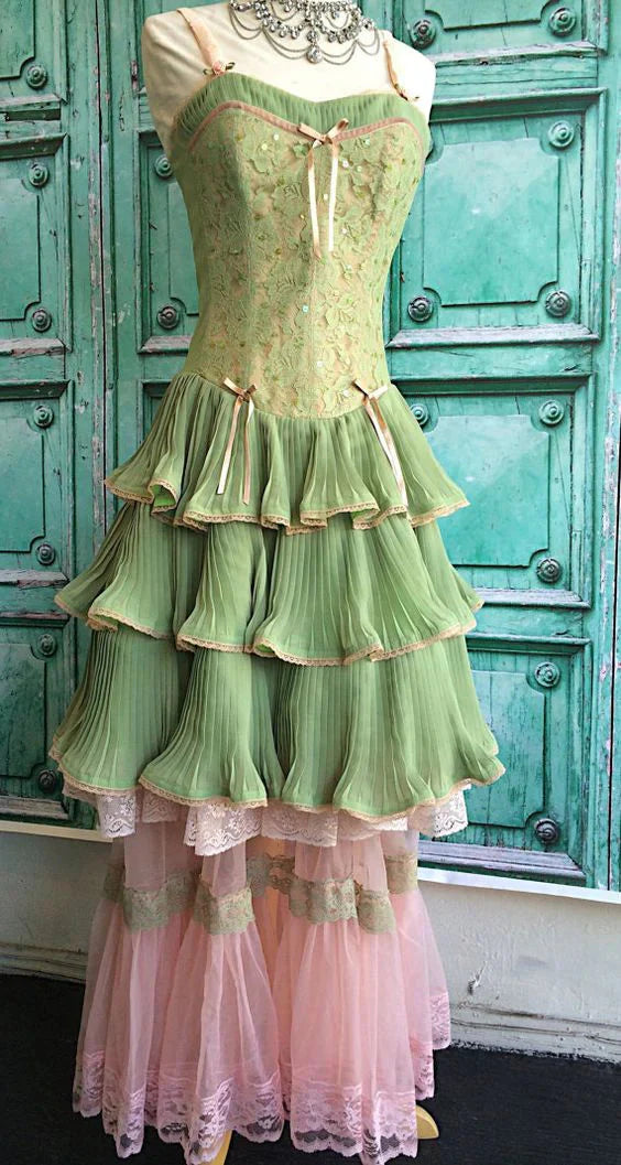 Green Pink Sweet Spaghetti Strap Layered Long Lace Tulle Ball Gown Evening Dress Coming Of Age Ceremony Dress