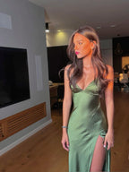 Spaghetti Straps Green Prom Dresses Long Prom Dress With Split
