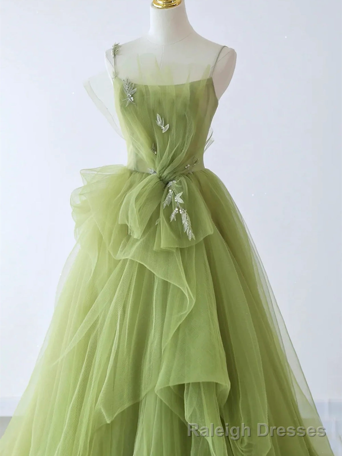 Spaghetti Straps Green Tulle Long Prom Dresses, Green Tulle Long Formal Evening Dresses Secondary image