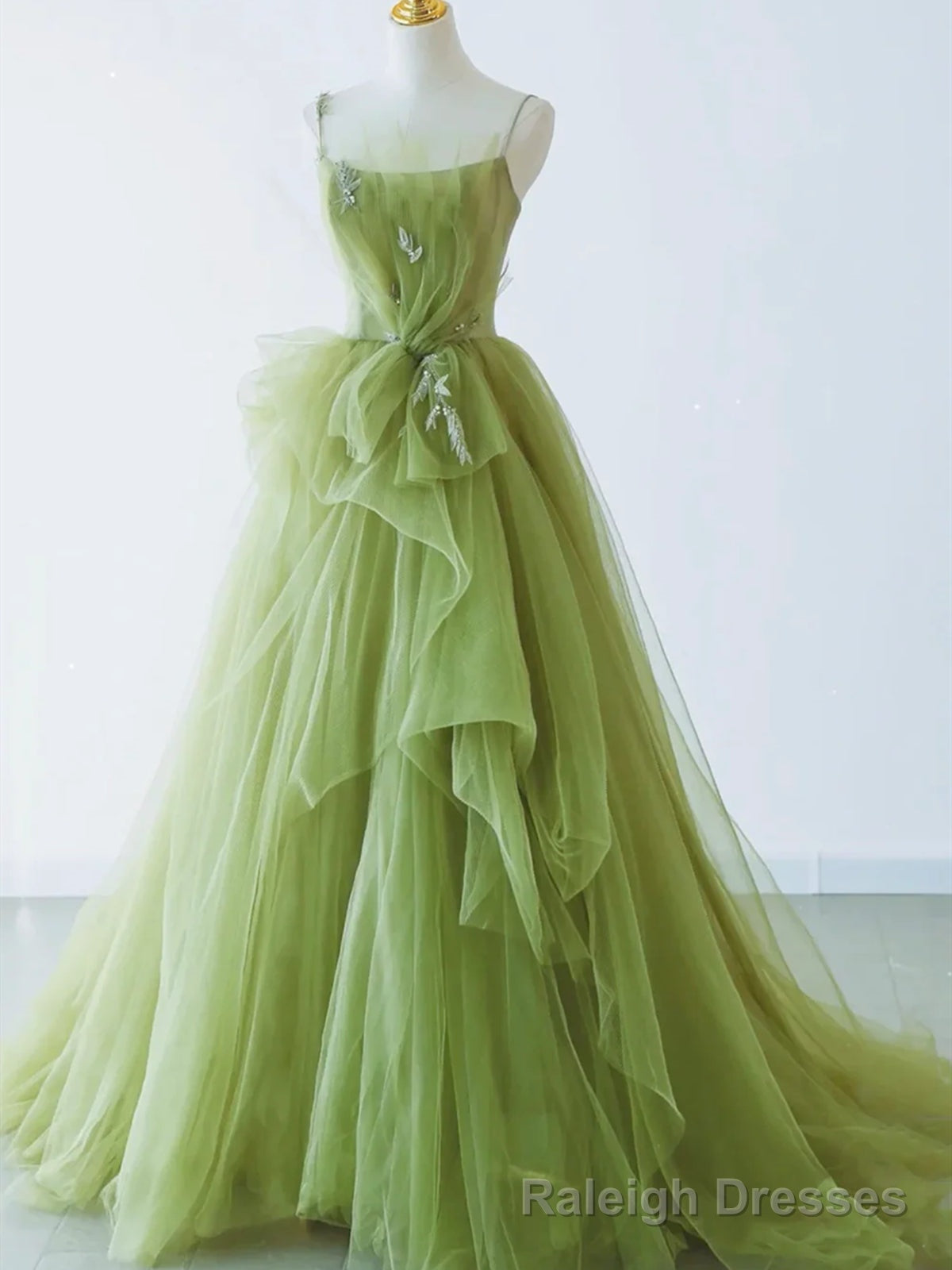 Spaghetti Straps Green Tulle Long Prom Dresses, Green Tulle Long Formal Evening Dresses Main image