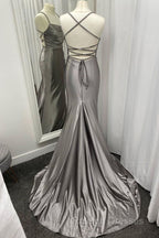 Spaghetti Straps Grey Mermaid Satin Long Prom Dress