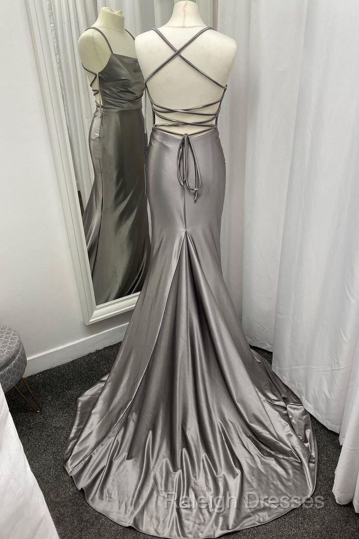 Spaghetti Straps Grey Mermaid Satin Long Prom Dress