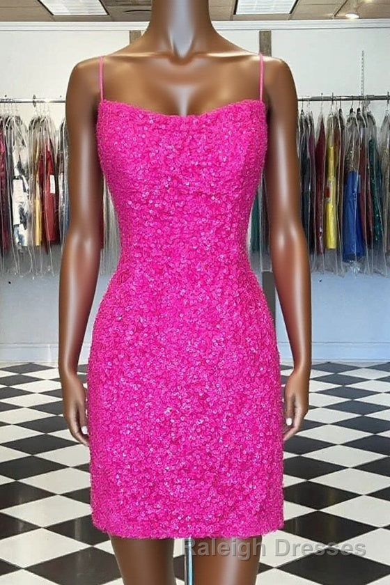 Spaghetti Straps Hot Pink Bodycon Mini Dresses Graduation Dress