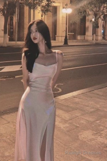Spaghetti Straps Ivory Satin Mermaid Prom Dress Side Slit Prom Dresses