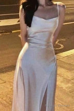 Spaghetti Straps Ivory Satin Mermaid Prom Dresses Side Slit Prom Dress