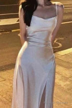 Spaghetti Straps Ivory Satin Mermaid Prom Dress Side Slit Prom Dresses