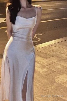 Spaghetti Straps Ivory Satin Mermaid Prom Dresses Side Slit Prom Dress