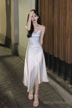 Spaghetti Straps Ivory Satin Mermaid Prom Dresses Side Slit Prom Dress