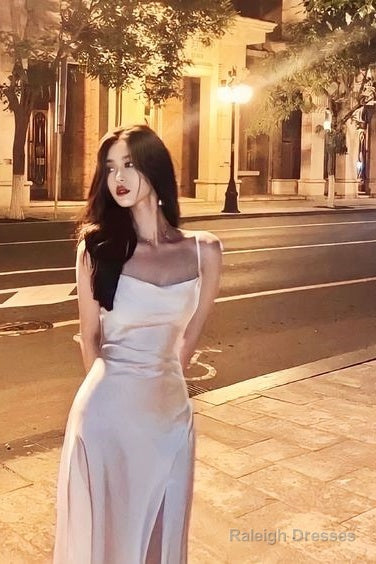 Spaghetti Straps Ivory Satin Mermaid Prom Dress Side Slit Prom Dresses Main image