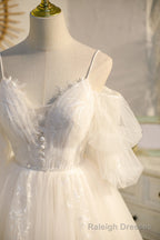 Spaghetti Straps Ivory V Neck Lace Tulle Princess Homecoming Dresses